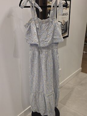 Dress Forum Light Blue Eyelet Maxi Dress with White Floral Embroidery